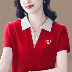 批发【92棉8氨纶夏季百搭时髦设计绣花翻领短袖新款洋气拼接撞色T恤衫