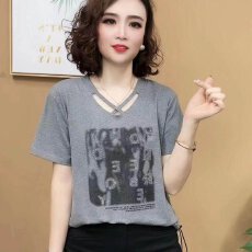批发【95棉5氨纶女士洋气时髦设计交叉V领短袖夏季百搭简约休闲T恤衫