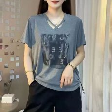 批发95棉5氨纶夏季洋气减龄百搭V领显瘦短袖新款时尚小众外穿T恤衫