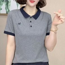 批发【95棉5氨纶新款百搭减龄显瘦T恤夏季时尚小众设计感刺绣翻领短袖