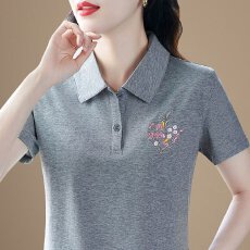 批发【95棉5氨纶中年女士潮流时尚气质翻领短袖夏季百搭设计感刺绣T恤