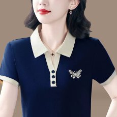 批发95棉5氨纶女士潮流时尚拼接撞色翻领短袖<b class='q'>夏</b>季百搭设计感刺绣T恤