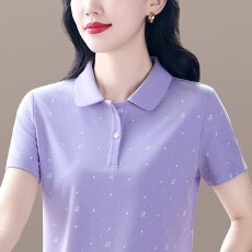 批发【95棉5氨纶<b class='q'>夏</b>季百搭时尚设计印花翻领短袖新款简约休闲气质小衫
