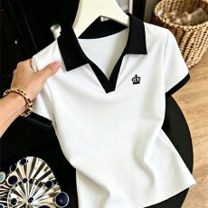 批发【棉95氨纶5夏季时尚设计感拼接撞色翻领T恤新款百搭减龄显瘦短袖