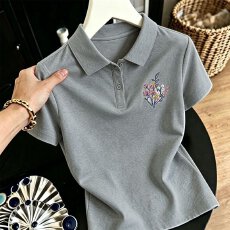 批发【精梳棉95棉5氨纶】夏季百搭设计感刺绣T恤潮流时尚气质翻领短袖