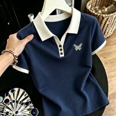 批发【精梳棉95棉5氨纶夏季百搭设计刺绣T恤潮流时尚拼接撞色翻领<b class='q'>短袖</b>