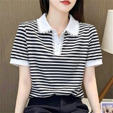 批发精梳棉95氨纶5日常洋气减龄蕾丝边领短袖<b class='q'>夏</b>季时尚拼接撞色T恤