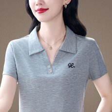 批发【精梳棉95棉5氨纶妈妈日常百搭气质翻领刺绣T恤<b class='q'>夏</b>季洋气减龄短袖