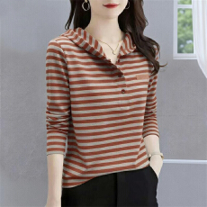 批发彩棉含棉量≈40新款百搭时尚撞色条纹<b class='q'>T</b><b class='q'>恤</b>女士秋季休闲连帽衫上衣