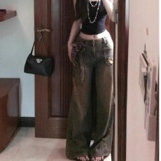 批发◆2025年<b class='q'>街头</b>复古蓝色阔腿牛仔裤新款小个子低腰辣妹长裤