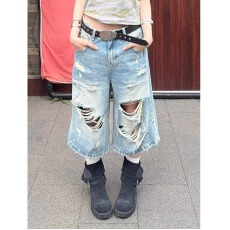 批发◆美式复古蓝色破洞牛仔七分裤女夏季新款<b class='q'>街头</b>嘻哈宽松短裤子