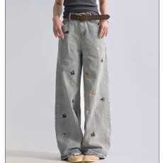 批发◆童趣小狗刺绣阔腿<b class='q'>牛仔裤</b>女春新款韩版宽松拖地裤显瘦直筒裤