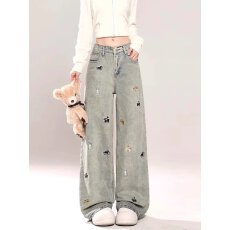 批发◆童趣小狗刺绣阔腿<b class='q'>牛仔裤</b>女春新款韩版宽松拖地裤显瘦直筒裤