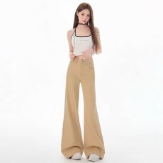 批发美式卡其色微喇牛仔裤女2025春<b class='q'>夏</b>新款高腰显瘦辣妹百搭不贴腿长裤