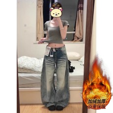 批发大码美式复古加绒加厚弯刀牛仔裤女秋冬宽松直筒阔腿拖地镰刀裤子