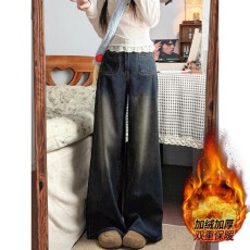 批发大码复古阔腿加绒牛仔裤女高腰秋冬胖mm宽松显瘦梨形身材A版裤子