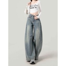 批发大码美式复古牛仔裤女2025新款秋季胖mm显瘦直筒宽松窄版阔腿裤子