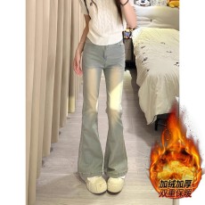 批发大码美式高街复古加绒加厚微喇牛仔裤女修身弹力高腰直筒拖地长裤