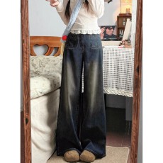 批发水泥灰直筒牛仔裤女秋冬加绒大码胖mm遮肉显瘦宽松高腰垂感阔腿裤