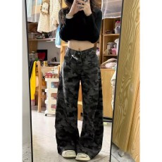 批发大码美式加绒迷彩牛仔裤女秋冬新款胖mm高腰宽松直筒工装阔腿裤