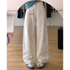 批发大码白色休闲牛仔裤女秋冬胖mm梨形身材高腰宽松显瘦阔腿长裤子