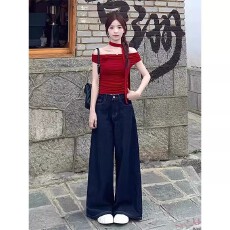 批发深蓝色加绒阔腿牛仔裤女秋冬2025年新款宽松高腰大码胖mm直筒裤子