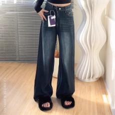 批发大码美式复古直筒牛仔裤女秋冬加绒胖mm宽松高腰显瘦阔腿拖地裤子