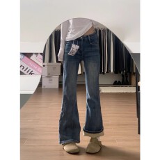 批发大码弹力加绒微喇叭牛仔裤女<b class='q'>秋</b>冬胖mm窄版高腰显瘦直筒阔腿长裤子