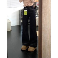 批发美式深色加绒微喇叭牛仔裤女秋冬大码胖mm宽松不贴腿百搭马蹄裤子