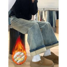 批发胖mm大码女装复古做旧弹力微喇加绒牛仔裤女<b class='q'>秋</b>冬高街vibe阔腿裤子