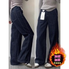 批发加绒加厚牛仔裤女<b class='q'>秋</b>冬大码胖mm梨形身材宽松高腰显瘦直筒阔腿裤子