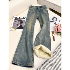 批发美式复古蓝加绒加厚微喇<b class='q'>牛仔裤</b>女冬季大码胖mm遮胯<b class='q'>弹力</b>显瘦喇叭裤