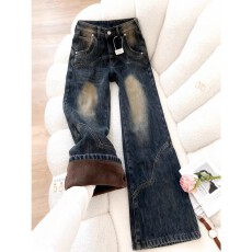 批发大码美式复古高腰微喇牛仔裤女<b class='q'>秋</b>冬加绒设计感拼接显瘦阔腿拖地裤