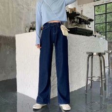 批发新款高腰韩版直筒牛仔长裤女宽松休息阔腿拖地裤