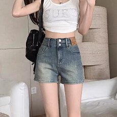 实拍夏装新款胖MM大码时尚气质百搭显瘦高腰卷边牛仔短裤