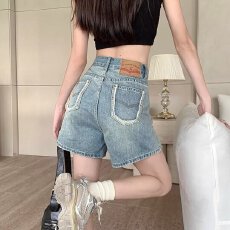 批发实拍港风复古高腰小个子牛仔短裤女<b class='q'>夏</b>季美式显瘦毛边A字阔腿裤潮