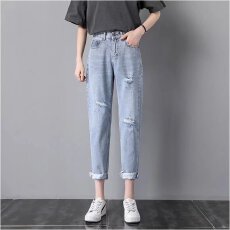 批发实拍新款破洞<b class='q'>牛仔</b>裤女春秋大码显瘦九分哈伦萝卜宽松阔腿老爹裤潮