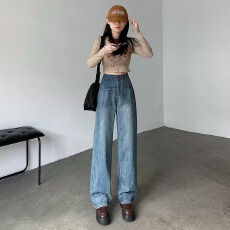 批发实拍直筒牛仔裤女<b class='q'>秋</b>冬季高腰显瘦小个子窄版阔腿裤子新款