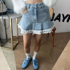 批发东大门春季新款高腰显瘦百搭拼接蕾丝花边牛仔半身裙A字短裙百搭
