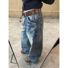 批发大码美式复古做旧重工铆钉牛仔裤男女<b class='q'>街头</b>宽松水洗直筒阔腿长裤潮