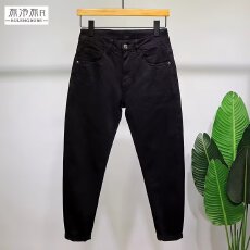 批发秋<b class='q'>冬</b>新款韩版弹力纯黑色牛仔裤男士潮流修身小脚裤复古简约九分裤