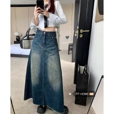 批发复古水洗牛仔半身裙长款小众时髦做旧高腰休闲辣妹A字裙