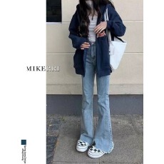 批发高街复古蓝色直筒牛仔裤女<b class='q'>秋</b>季小个子高腰显瘦修身毛边微喇长裤