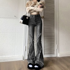 批发复古毛边高腰喇叭牛仔裤女2026春<b class='q'>秋</b>新款高腰修身设计微喇拖地长裤