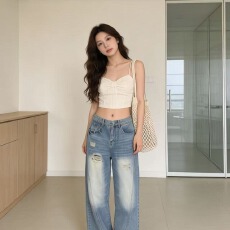 批发欧美风高腰显瘦水洗阔腿牛仔裤女浅蓝色长裤微胖穿搭潮