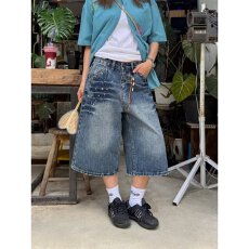 批发大码美式复古镶钻设计竹节牛仔七分裤男女夏季水洗宽松阔腿中裤潮