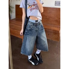 批发大码美式复古镶钻设计竹节牛仔七分裤女夏季水洗宽松阔腿中裤潮