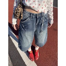 批发大码美式复古镶钻设计竹节牛仔七分裤男女夏季水洗宽松阔腿中裤潮