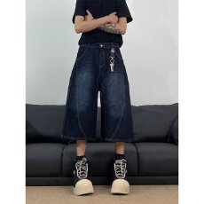 批发美式豹纹拼接刺绣牛仔七分裤女2026夏季新款直筒阔腿弯刀中裤短裤