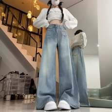 批发2026美式浅蓝色双扣阔腿牛仔裤女大码宽松直筒高腰垂感显瘦拖地裤